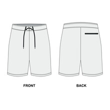 Outline vector drawing of sports shorts. Men's swim shorts front and back view. Template of trendy sports shorts above the knee for swimming, running, basketball, boxing, etc.