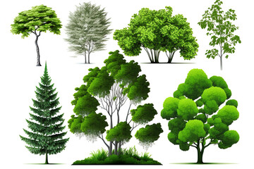 Wall Mural - Set of detailed realistic forest and garden trees on isolated white background.