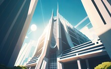 Cityscape With Stunning, Futuristic Buildings Seen From Below On A Bright, Sunny Day. Generative AI