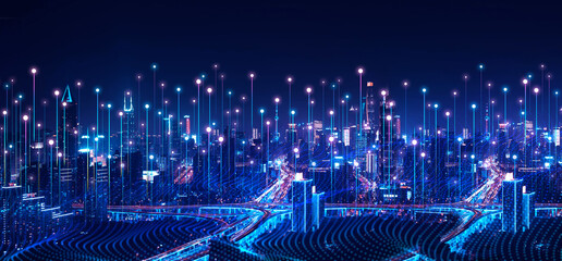 Telecommunication and communication network concept.	Big data connection technology. Smart city and digital transformation.