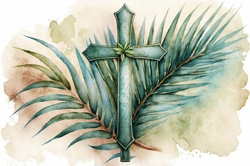 Wall Mural - Easter cross with palm leaves watercolor, Generative AI