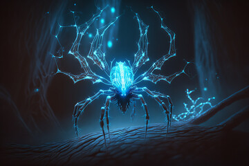 Wall Mural - spider, electric, ghost, spirit, alien, ufo, magic, particles, blue, atomic, forest, spooky, web, insect, nature, animal, macro, arachnid, wildlife, cobweb, net, closeup, bug, legs, generated ai