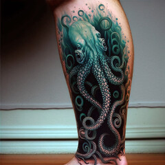 Octopus Tattoo On Leg.  Calf And Ankle Art.  Generative AI.