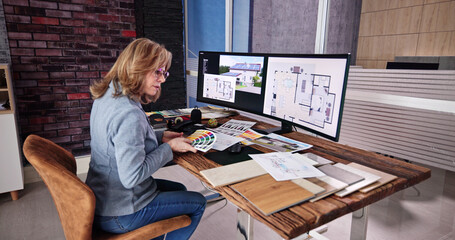 Aufkleber - Side View Of Real Estate Designer Working On Computer