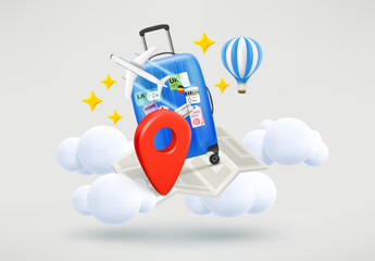 Fototapete - Travel concept with travel bag, airplane, map and pin. 3d vector illustration