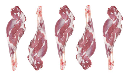 Fresh raw lamb legs pattern isolated on white background. Fresh lamb meat isolated.