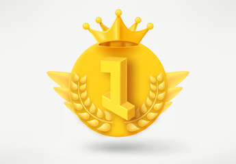 Poster - Golden game rank emblem with number 1 and wings. Game achievement 3d badge isolated on white background