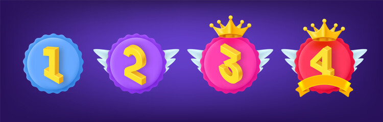 Poster - Different rank emblems with numbers. Game achievement badges collection. 3d vector clipart