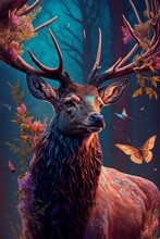 AI Generate Of Side View Of Brown Deer With Blooming Violet Flowers On Antlers Surrounded With Yellow And Blue Butterflies Looking At Camera Against Tall Trees In Woods