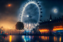 London Eye At Night Created With Generative AI Technology. High Quality Illustration