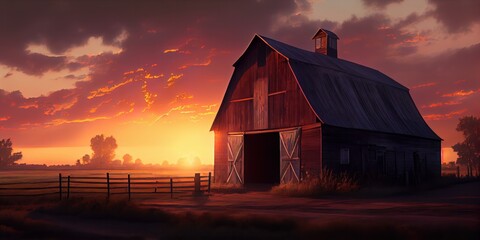 A barn on a farm at sunrise. Generative AI