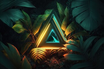 jungle leaves with glowing neon triangle on dark background