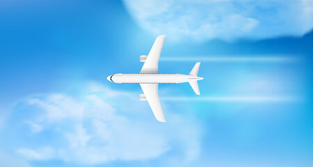 Poster - Flying modern airplane top view flying in cloudy sky. Air travel concept. 3d vector illustration