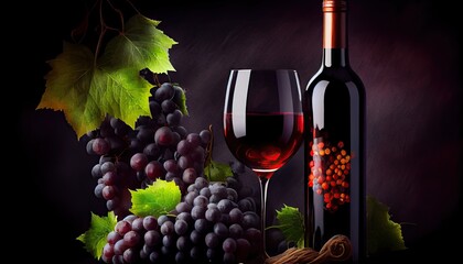 Wall Mural - bottle of red wine with grapes