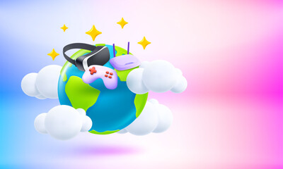 Poster - The Earth and VR glasses, router and gamepad. Global gaming concept. 3d vector banner with copy space