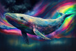 Colorful holographic whale concept drawing. Generative AI