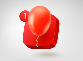 Poster - Air balloon on red button. 3d vector mobile application icon