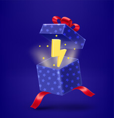 Aufkleber - Open gift box with golden thunderbolt. 3d vector illustration