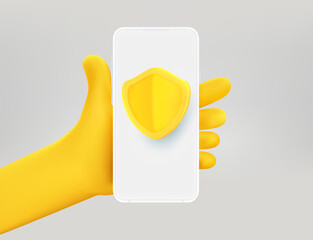 Poster - Modern smartphone with golden shield in the hand. Mobile security concept. 3d vector illustration