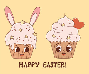 Wall Mural - Couple groovy cartoon character easter cake cupcake with bunny ears. Retro vintage cute mascot cake. Vector illustration.