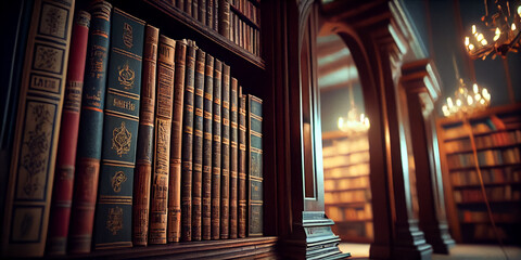 Poster - Old library on classic style with vintage books on bookshelves. AI generated illustration