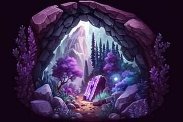 Wall Mural - Amethyst, a natural purple crystal stone with a mysterious inner glow found in a cave in the woods, is a prized gemstone. Generative AI