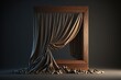 silk curtain draped over large rectangle very simple wooden frame for picture on dark background created by generative AI