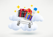 Shopping Trolley With Gift Boxes. Shopping Concept. 3d Vector Illustration