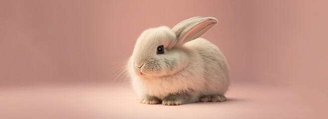 Wall Mural - Happy Easter. Cute Bunny on Pastel Pink Background, isolated, space for copy.