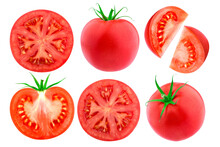 Set Of Tomatoes Isolated, Set Of Red Delicious Tomato, Png Isolated Background, Whole And Half Slices Tomatoes