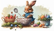  A Painting Of A Rabbit Eating Strawberries Out Of A Bowl.  Generative Ai