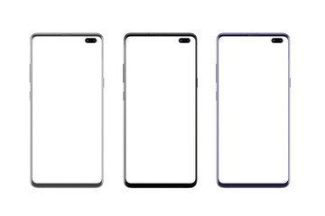 Leinwandbilder - Three sleek smartphones, different colors, arranged in a row. Transparent display and background