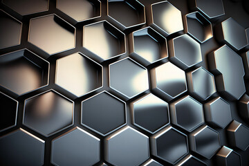 hexagonal metal background with a futuristic metallic shine and shadows, generative ai