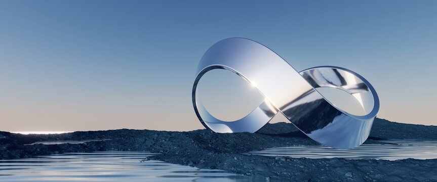 Wall Mural -  - 3d rendering, abstract surreal background with geometric infinity shape, minimalist zen scenery, panoramic seascape wallpaper. Calm water, black seashore, chrome moebius loop and blue gradient sky