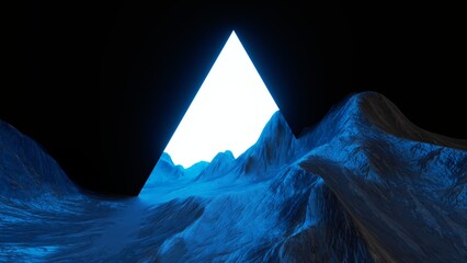 3d render, abstract virtual landscape with blue rocks and mountains. Surreal wallpaper, fantastic background with triangular portal