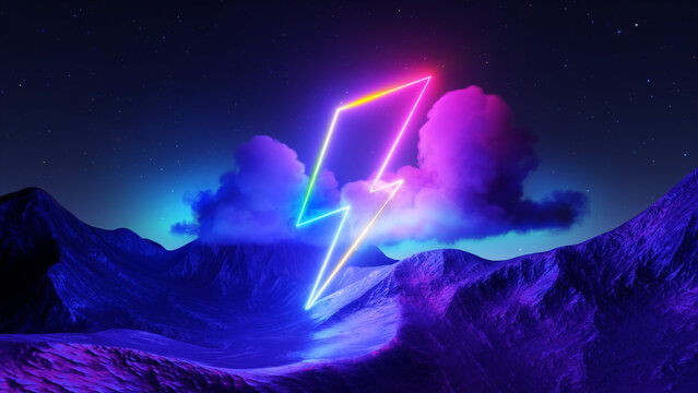 Wall Mural -  - 3d rendering. Abstract landscape background with glowing neon bolt symbol, stormy clouds, lightning and rocky mountains at night