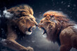 Two lion fighting and attacking on each other in winter season | Snowstorm in the background | Generative Ai | Two lion roaring in the jungle with snow around them | Hyper realistic | Photorealism