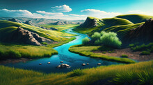 A Beautiful Peace And Harmonic, Natural Landscape, Hills, Trees, River, And Sky Generative AI Illustration