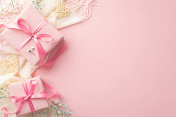 spring gifts concept. top view photo of pink present boxes with bows white soft scarf rattan hearts 