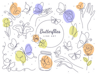 Poster - Butterflies in line art set. Contemporary floral design. Spring flowers and butterfly. Beautiful insect