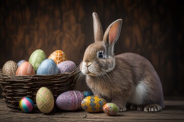 Wall Mural - Sweet and Fluffy Easter Bunny Ready for the Hunt: Adorable Rabbit with Easter Basket and Chocolate Eggs