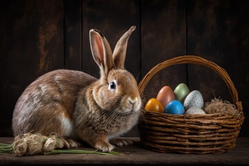 Wall Mural - Easter Magic: Adorable Bunny with a Basket of Pastel-Colored Eggs