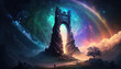 A mystical tower in the heart of a vibrant nebula galaxy generative AI Illustration