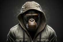 Monkey In Jacket And Sunglasses, Rapper Or Bandit, Gangster, Cool Gorilla. Illustration. Generative AI.