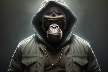 Wall Mural - monkey in jacket and sunglasses with golden chains, rapper or bandit, gangster, cool gorilla. Illustration. Generative AI.