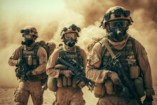 Team Of United States Airborne Infantrymen With Weapons Moving Patrolling Desert Storm In The Background Of The Squad, Sunlight, Front View