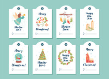 Christmas Elements Tags Set. Collection Of Graphic Elements For Website. New Year, Holiday And Festival, Winter. Culture And Tradition. Cartoon Flat Vector Illustrations Isolated On Green Background