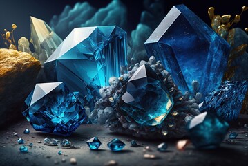 Wall Mural - An up-close look at several huge blue crystals, including blue sapphires, tourmalines, and aquamarines used in jewelry. Generative AI