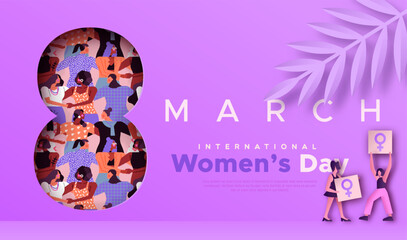 Wall Mural - International women’s day 8 march purple cutout diverse people card