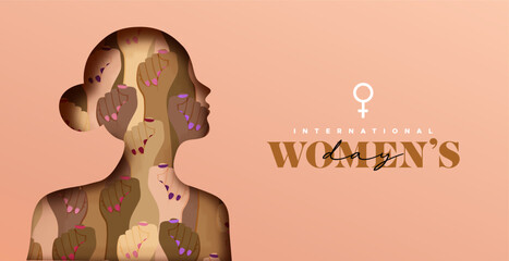 Wall Mural - Women’s day papercut woman silhouette high fist concept card